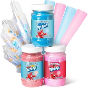 imageNostalgia FSCC8 Cotton Candy Kit Pink Vanilla Blue Raspberry Strawberry Flossing Sugars Includes 10 Reusable Cones and Twist TiesPerfect for Birthdays Holidays and Parties 7 oz each MultiKoolAid Cotton Candy Kit