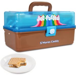 imageNostalgia JetPuffed Lighted Smores Supply Caddy Tabletop Kit for Camping Vacation and Backyard Bonfires Carry Handle Retractable Trays 2 Forks and 2 Plates IncludedJet Puffed Smores Caddy