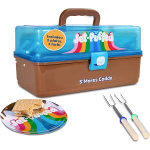 imageNostalgia JetPuffed Lighted Smores Supply Caddy Tabletop Kit for Camping Vacation and Backyard Bonfires Carry Handle Retractable Trays 2 Forks and 2 Plates IncludedJet Puffed Smores Caddy Set