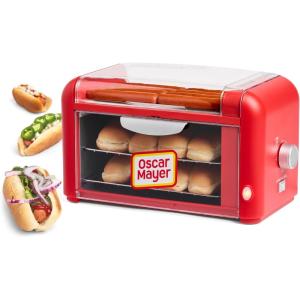 imageNostalgia Oscar Mayer Extra Large Countertop 8 Hot Dog Roller and Bun Toaster Oven  Stainless Steel Rollers and Nonstick Warming Racks  Adjustable TimerHot Dog Roller Red
