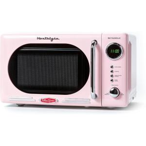 imageNostalgia Retro Compact Countertop Microwave Oven  07 Cu Ft  700Watts with LED Digital Display  Child Lock  Easy Clean Interior  OrangePink