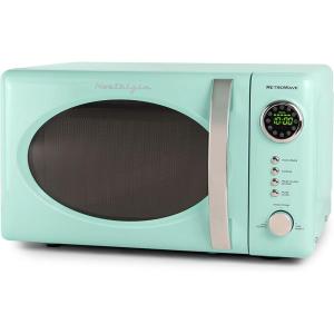 imageNostalgia Retro Compact Countertop Microwave Oven  07 Cu Ft  700Watts with LED Digital Display  Child Lock  Easy Clean Interior  OrangeTeal