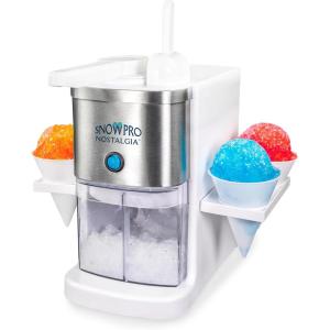imageNostalgia SnowPro Electric Shaved Ice ampamp Snow Cone Maker 64Ounce Ice Shaving Capacity 4 Reusable Cones Side Shelves and Scoop IncludedStainless