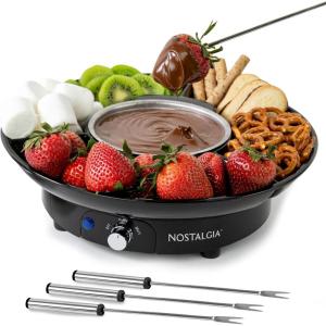 imageNostalgia Electric Fondue Pot Set for Chocolate ampamp CheeseFondue Kit with Temperature Control Fondue Pot ampamp 4 Dipping Forks Detachable TrayChocolate Fondue Set for Parties GiftsStainless Steel 10oz10 Ounce Black