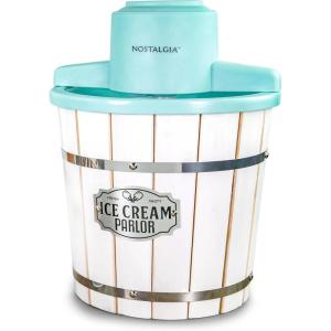imageNostalgia Electric Ice Cream Maker  Old Fashioned Soft Serve Ice Cream Machine Makes Frozen Yogurt or Gelato in Minutes  Fun Kitchen Appliance  Vintage Wooden Style  Dark Wood  4 QuartAquaWhite Wood