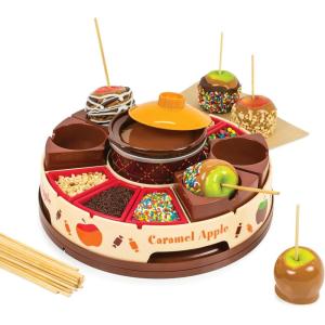 imageNostalgia Indoor Electric Stainless Steel SMores Maker with 4 Lazy Susan Compartment Trays for Graham Crackers Chocolate Marshmallows and 4 Roasting Forks BrownCaramel Apple Maker