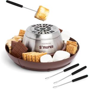 imageNostalgia Indoor Electric Stainless Steel SMores Maker with 4 Lazy Susan Compartment Trays for Graham Crackers Chocolate Marshmallows and 4 Roasting Forks BrownDeluxe Smores Maker