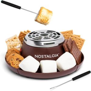 imageNostalgia Indoor Electric Stainless Steel SMores Maker with 4 Lazy Susan Compartment Trays for Graham Crackers Chocolate Marshmallows and 4 Roasting Forks BrownMyMini Smores Maker