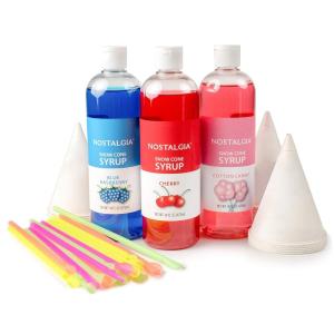 imageNostalgia Premium Snow Cone Party Kit 3 Syrups Blue Raspberry Cherry Cotton Candy 20 Cups ampamp Spoon StrawsBlue Raspberry  Cherry  Cotton Candy