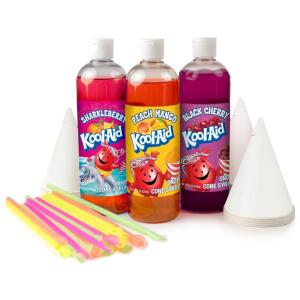 imageNostalgia Premium Snow Cone Party Kit 3 Syrups Blue Raspberry Cherry Cotton Candy 20 Cups ampamp Spoon StrawsSharkleberry  Peach Mango  Black Cherry
