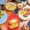 imageNostalgia Oscar Mayer Hot Dog Ferris Wheel  Retro Style Hot Dog Roller Cart Toaster  Classic 6Piece Grill Machine with Bun Warmer Push Handle Wheels Transparent Housing Storage CompartmentYellow