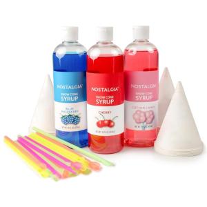 imageNostalgia Premium Snow Cone Syrup Party Kit 20 Snow Cones 20 SpoonsStraws Blue Raspberry Cherry Cotton CandyBlue Raspberry  Red Cherry  Cotton Candy
