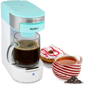 imageNostalgia MyMini Single Coffee Maker Brews KCup ampamp Other Pods Serves up to 14 Ounces Tea Chocolate Hot Cider Lattes Reusable Filter Basket Included LavenderAqua