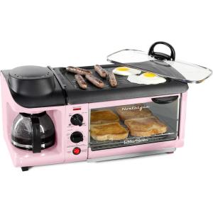 imageNostalgia 3in1 Retro Breakfast Station  Includes 5 Cup Coffee Maker NonStick Ceramic Griddle and 4Slice Toaster Oven  BuiltIn Timer Reusable Coffee Filter SpaceSaving Design  PinkPink