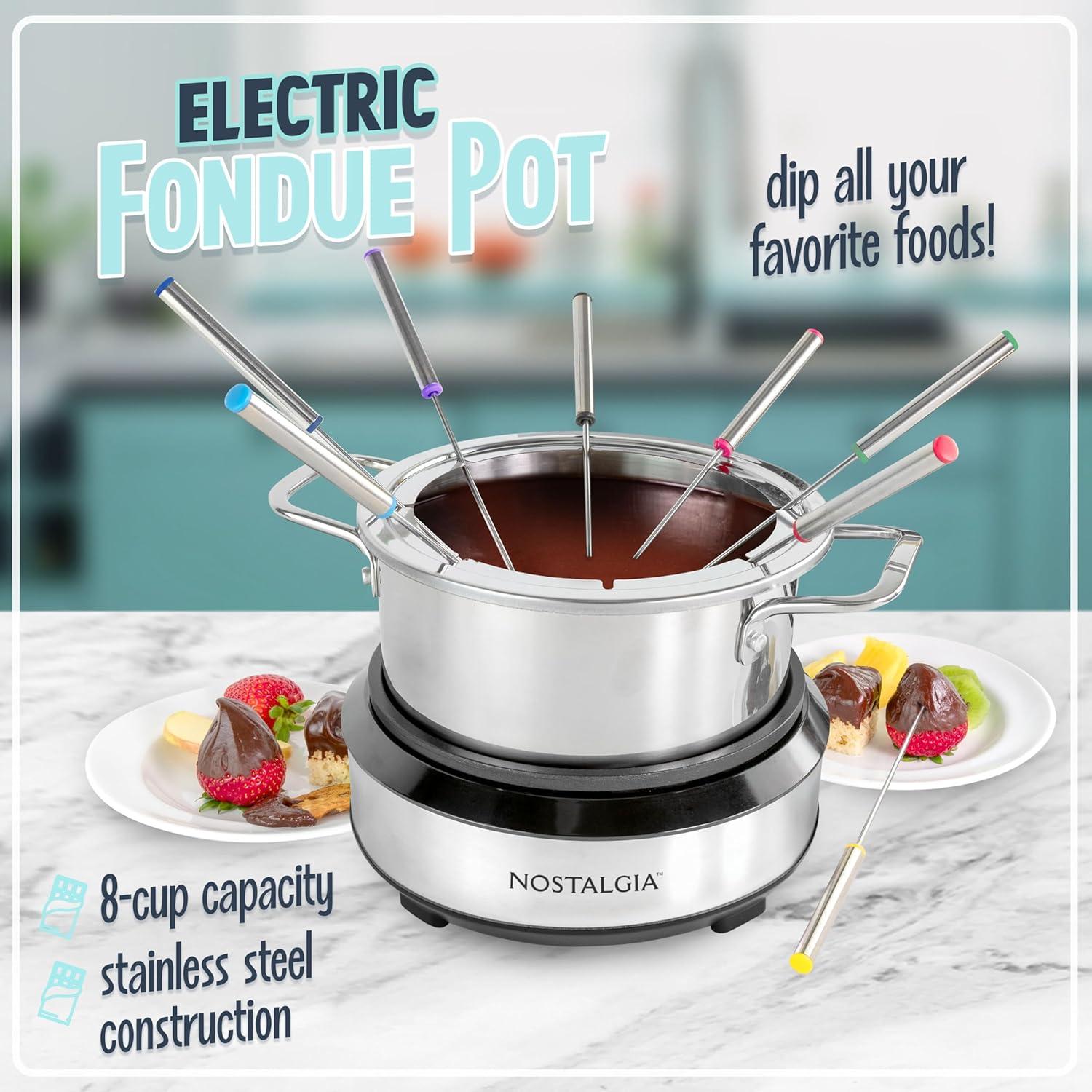 imageNostalgia 8Cup Electric Fondue Pot Set for Cheese ampamp Chocolate  8 ColorCoded Forks Temperature Control  Kitchen Gadgets and Appliances for Hors dOeuvres and More  Stainless Steel8 Cup