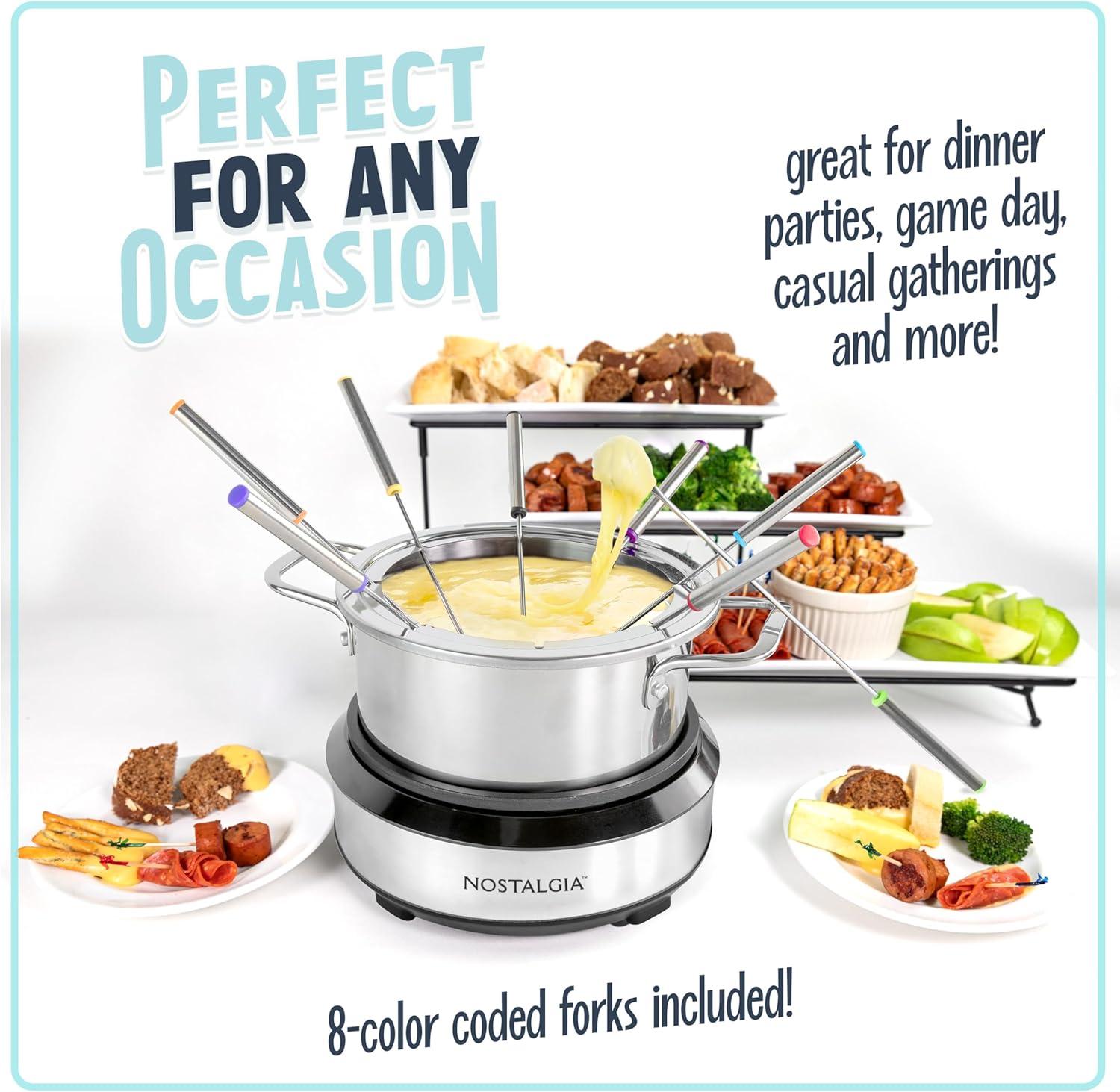 imageNostalgia 8Cup Electric Fondue Pot Set for Cheese ampamp Chocolate  8 ColorCoded Forks Temperature Control  Kitchen Gadgets and Appliances for Hors dOeuvres and More  Stainless Steel8 Cup