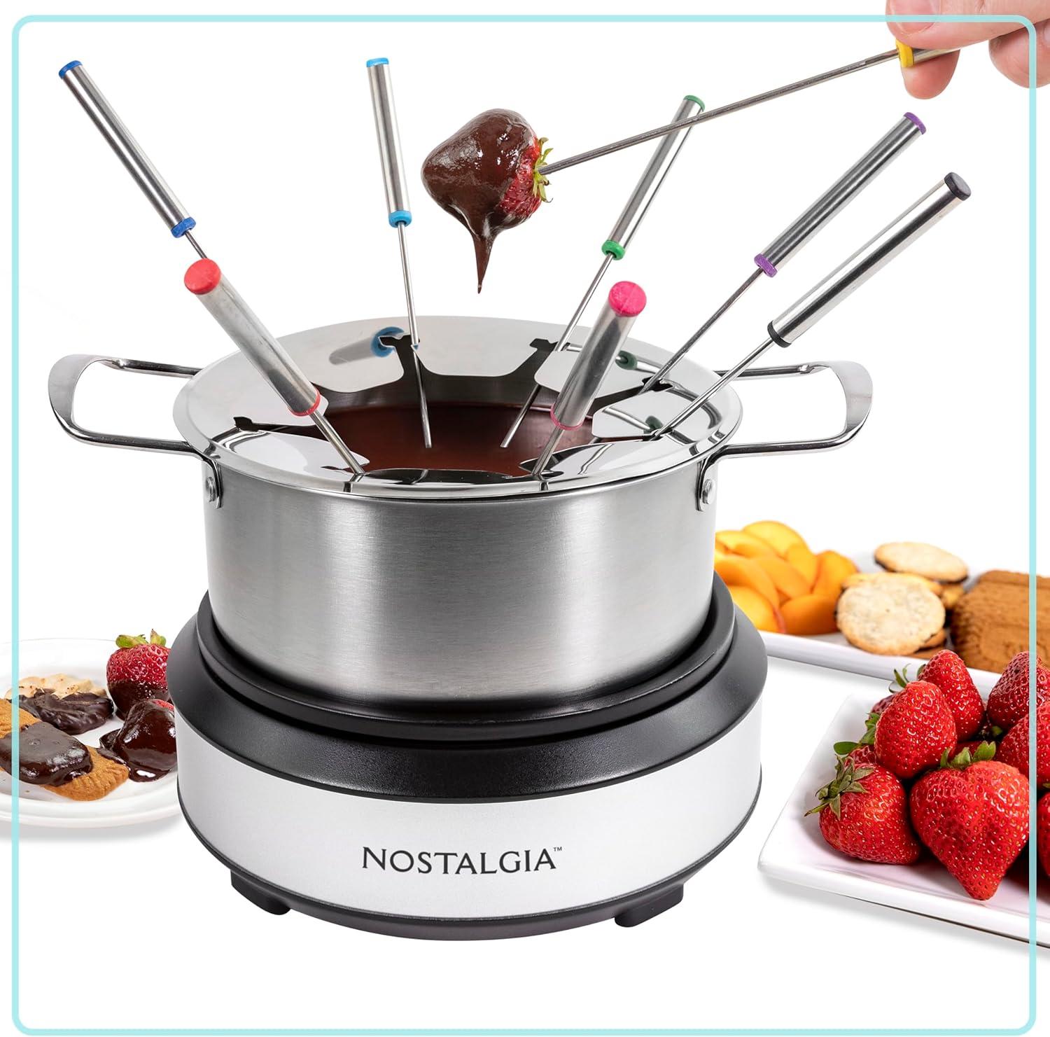 imageNostalgia 8Cup Electric Fondue Pot Set for Cheese ampamp Chocolate  8 ColorCoded Forks Temperature Control  Kitchen Gadgets and Appliances for Hors dOeuvres and More  Stainless Steel8 Cup