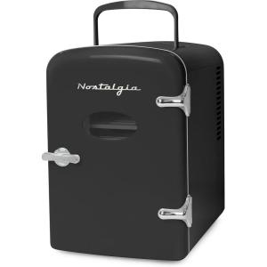 imageNostalgia Retro Mini Fridge and Heater 6Can Capacity 12Volt Power Adapter Carry Handle and Display WindowPerfect for Home Office Car or Dorm RoomBlackBlack