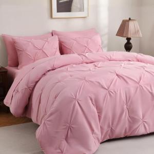 imageDOWNCOOL Lavender Purple Queen Comforter Set 7 Piece Pintuck Bed in A Bag Queen Pinch Pleat Bed SetAll Season Bedding Sets with Comforter Flat Sheet Fitted Sheet Pillowcases ampamp ShamsPink