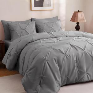 imageDOWNCOOL Lavender Purple Queen Comforter Set 7 Piece Pintuck Bed in A Bag Queen Pinch Pleat Bed SetAll Season Bedding Sets with Comforter Flat Sheet Fitted Sheet Pillowcases ampamp ShamsGrey