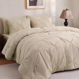 imageDOWNCOOL Lavender Purple Queen Comforter Set 7 Piece Pintuck Bed in A Bag Queen Pinch Pleat Bed SetAll Season Bedding Sets with Comforter Flat Sheet Fitted Sheet Pillowcases ampamp ShamsBeige