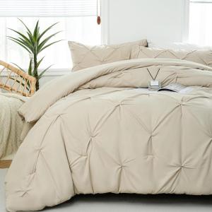 imageDOWNCOOL Queen Comforter Set  3 Pieces Cute Pinch Pleat Bed Set Soft Fluffy Comforters Queen Size Black Down Alternative Bedding Comforter Sets for All Season 1 Comforter ampamp 2 PillowcasesBeige