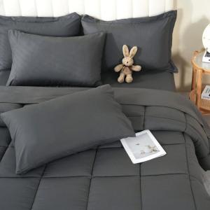 imageDOWNCOOL Queen Comforter Set 7 Pieces Bedding Sets Queen Pink All Season Down Alternative Bed in a Bag Queen with Comforter Flat Sheet Fitted Sheet 2 Pillow Shams ampamp 2 PillowcasesGrey