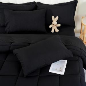 imageDOWNCOOL Queen Comforter Set 7 Pieces Bedding Sets Queen Pink All Season Down Alternative Bed in a Bag Queen with Comforter Flat Sheet Fitted Sheet 2 Pillow Shams ampamp 2 PillowcasesBlack