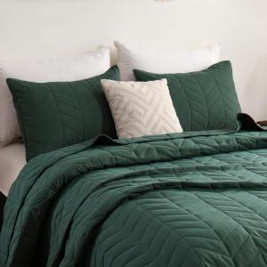 imageDOWNCOOL White Queen Quilt Bedding Set 3Pcs Ultrasonic Process Leaf Texture Pattern Queen Quilt Set Soft Lightweight Bedspread Coverlet All Season Queen Size Quilt90quotx96quotampamp 2 Pillow Shams01 Dark Green