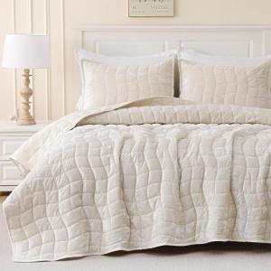 image:imageDOWNCOOL Velvet Quilt Set King Size 3 Pieces Soft Lightweight Quilted Velvet Bedspread Coverlet Bedding with 2 Pillow Shams for All Season Cream WhiteCream White