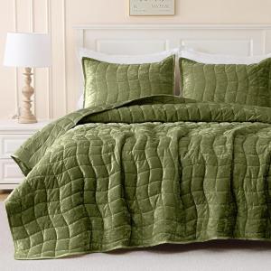 image:imageDOWNCOOL Velvet Quilt Set King Size 3 Pieces Soft Lightweight Quilted Velvet Bedspread Coverlet Bedding with 2 Pillow Shams for All Season Cream WhiteOlive Green