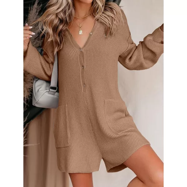 LILLUSORY Women's Long Sleeve 2023 Knit Sweater Rompers Fall V Neck Outfits Button Down One Piece Jumpsuits with Pocket
