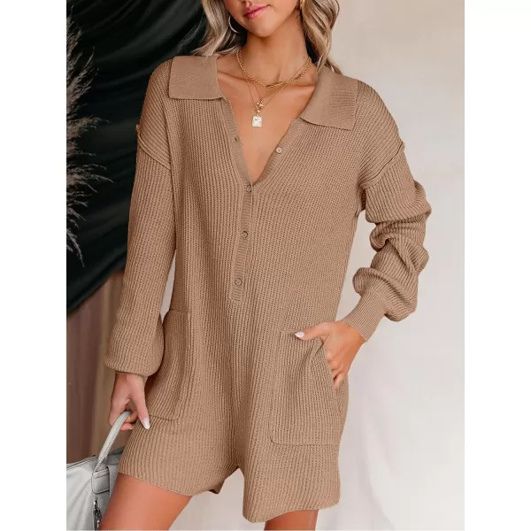 LILLUSORY Women's Long Sleeve 2023 Knit Sweater Rompers Fall V Neck Outfits Button Down One Piece Jumpsuits with Pocket