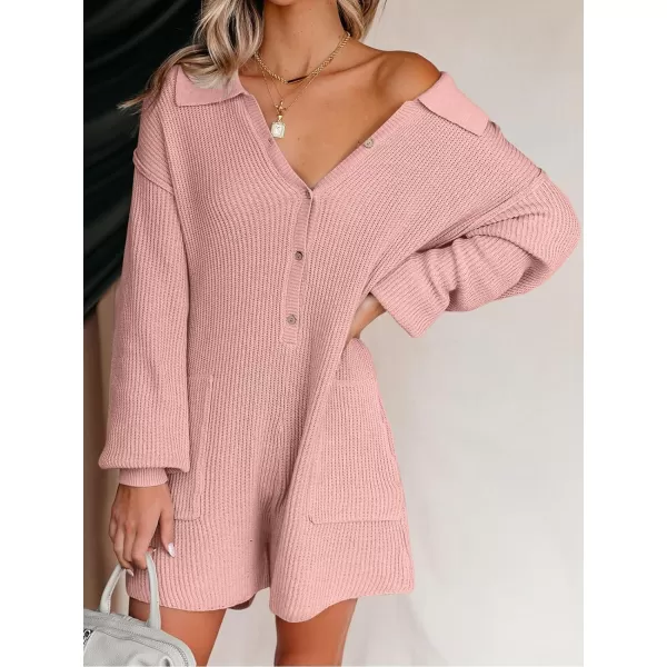 LILLUSORY Women's Long Sleeve 2023 Knit Sweater Rompers Fall V Neck Outfits Button Down One Piece Jumpsuits with Pocket