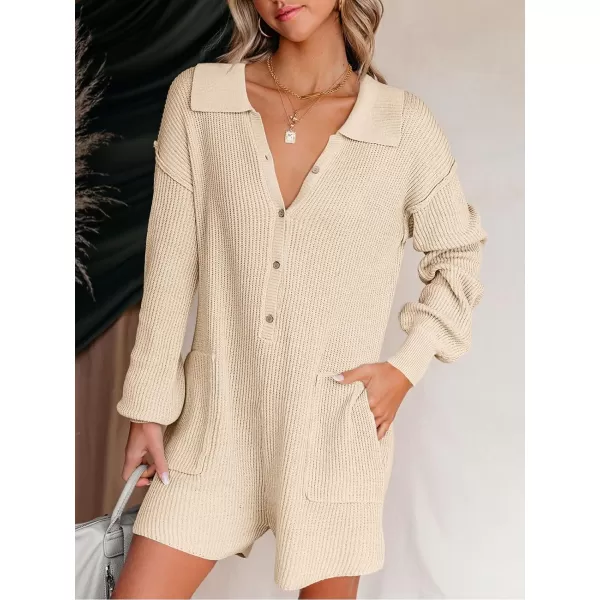 LILLUSORY Women's Long Sleeve 2023 Knit Sweater Rompers Fall V Neck Outfits Button Down One Piece Jumpsuits with Pocket