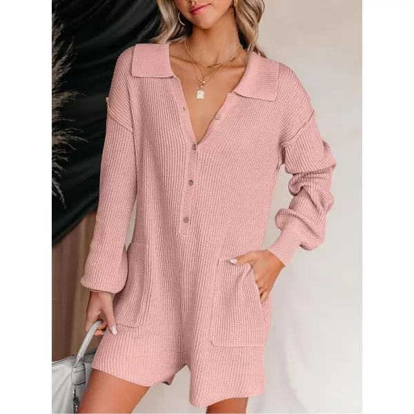 LILLUSORY Women's Long Sleeve 2023 Knit Sweater Rompers Fall V Neck Outfits Button Down One Piece Jumpsuits with Pocket