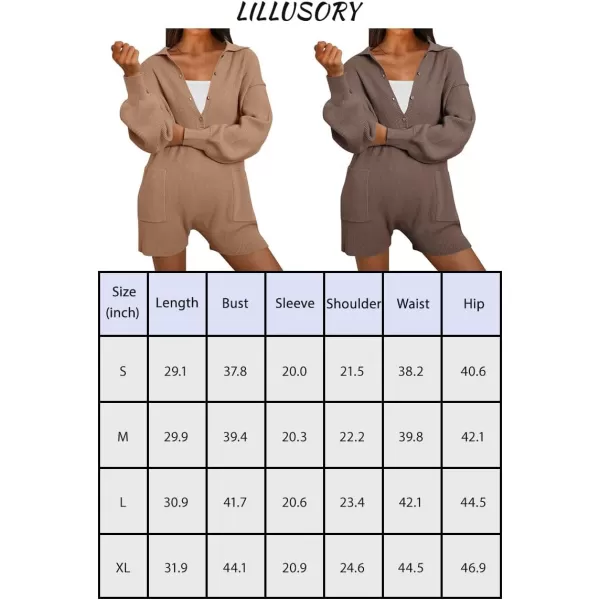 LILLUSORY Women's Long Sleeve 2023 Knit Sweater Rompers Fall V Neck Outfits Button Down One Piece Jumpsuits with Pocket