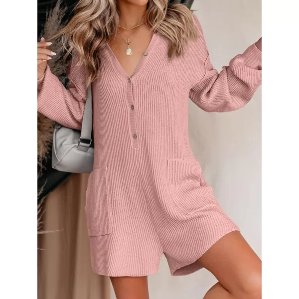 LILLUSORY Women's Long Sleeve 2023 Knit Sweater Rompers Fall V Neck Outfits Button Down One Piece Jumpsuits with Pocket