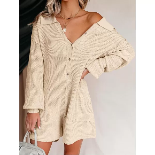 LILLUSORY Women's Long Sleeve 2023 Knit Sweater Rompers Fall V Neck Outfits Button Down One Piece Jumpsuits with Pocket