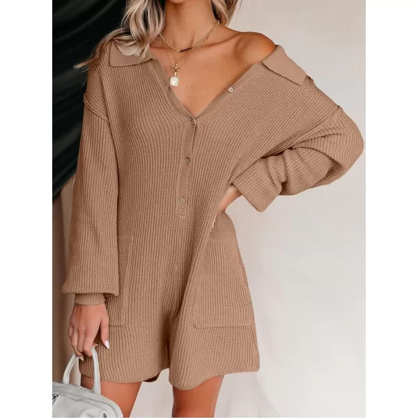 LILLUSORY Women's Long Sleeve 2023 Knit Sweater Rompers Fall V Neck Outfits Button Down One Piece Jumpsuits with Pocket