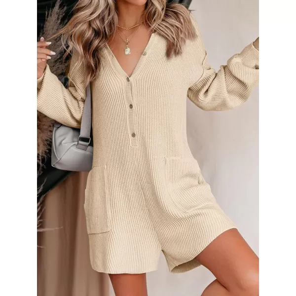 LILLUSORY Women's Long Sleeve 2023 Knit Sweater Rompers Fall V Neck Outfits Button Down One Piece Jumpsuits with Pocket