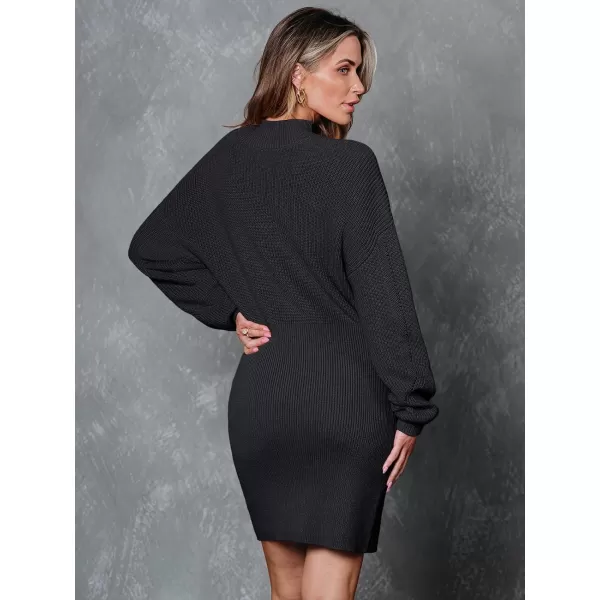 LILLUSORY Women's Mock Neck Trendy Lantern Sleeve 2023 Ribbed Knit Bodycon Pullover Sweater Dress