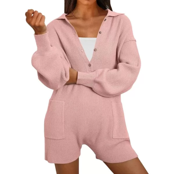 LILLUSORY Women's Long Sleeve 2023 Knit Sweater Rompers Fall V Neck Outfits Button Down One Piece Jumpsuits with Pocket