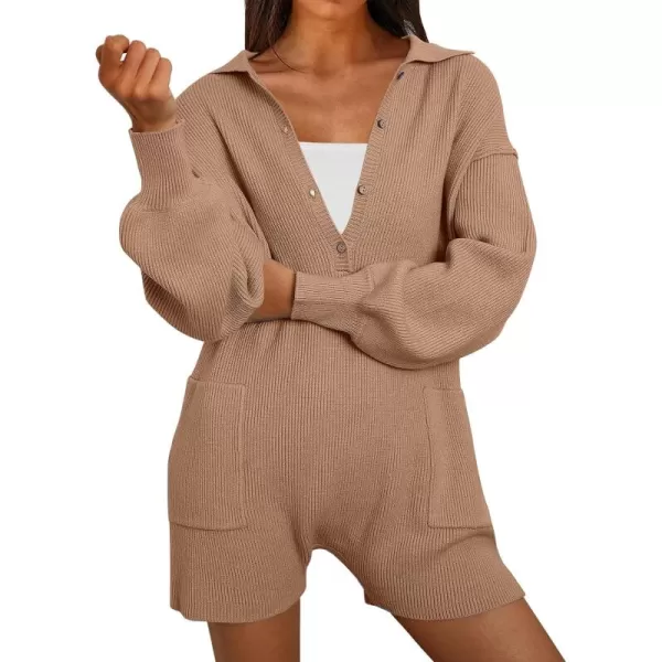 LILLUSORY Women's Long Sleeve 2023 Knit Sweater Rompers Fall V Neck Outfits Button Down One Piece Jumpsuits with Pocket