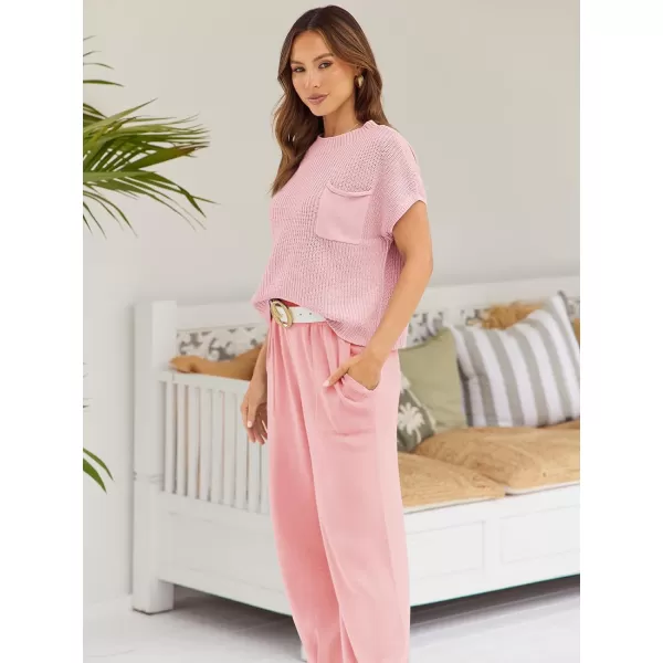 LILLUSORY 2 Piece Outfits For Women Trendy Lounge Sets Cozy Knit Sweater Short Sleeve Fashion Loungewear Set