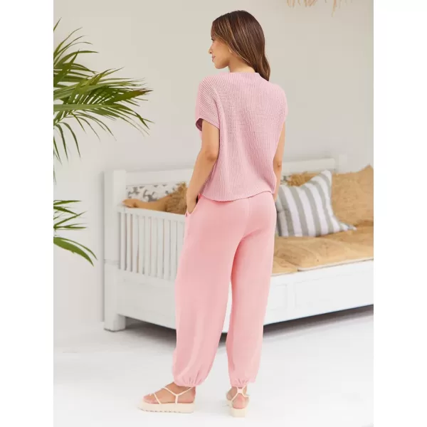 LILLUSORY 2 Piece Outfits For Women Trendy Lounge Sets Cozy Knit Sweater Short Sleeve Fashion Loungewear Set