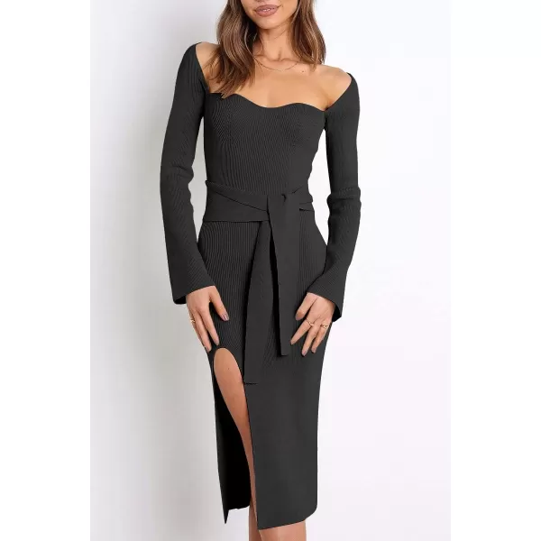 LILLUSORY Women's Sweetheart Neckline Midi Dress Long Sleeve Ribbed Knit Sweater Outfits with Slit and Belt 2024 Spring