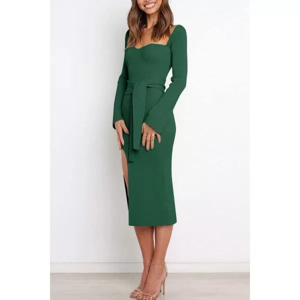 LILLUSORY Women's Sweetheart Neckline Midi Dress Long Sleeve Ribbed Knit Sweater Outfits with Slit and Belt 2024 Spring