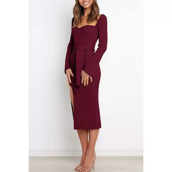 LILLUSORY Women's Sweetheart Neckline Midi Dress Long Sleeve Ribbed Knit Sweater Outfits with Slit and Belt 2024 Spring