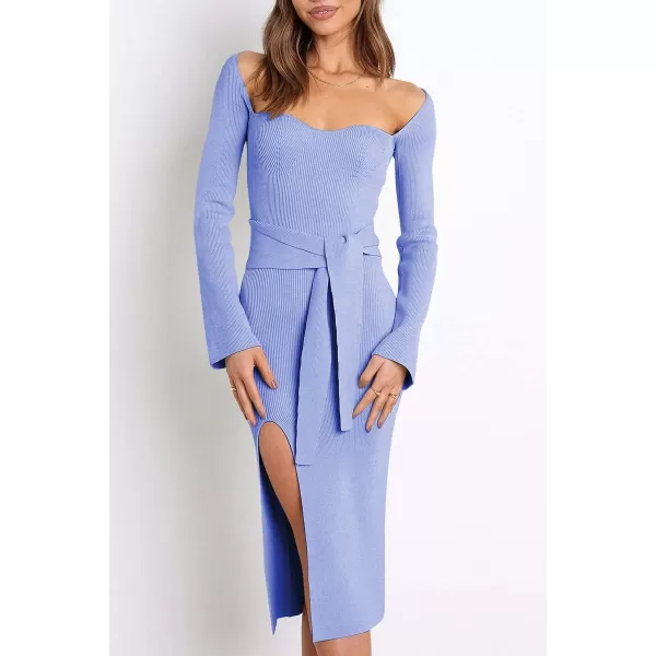 LILLUSORY Women's Sweetheart Neckline Midi Dress Long Sleeve Ribbed Knit Sweater Outfits with Slit and Belt 2024 Spring